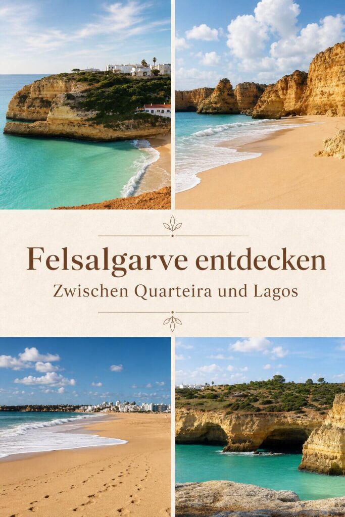 Collage mit Stränden, goldenen Klippen und türkisblauem Meer an der Felsalgarve zwischen Quarteira und Lagos.
