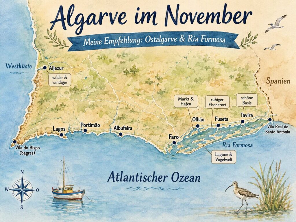 Karte: Algarve im November
Meine Empfehlung: Ostalgarve & Ria Formosa