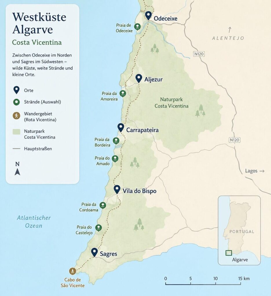 Westküste der Algarve Karte mit den wichtigsten Orten der Costa Vicentina zwischen Odeceixe, Aljezur, Carrapateira, Vila do Bispo und Sagres sowie ausgewählten Stränden und dem Naturpark Costa Vicentina.